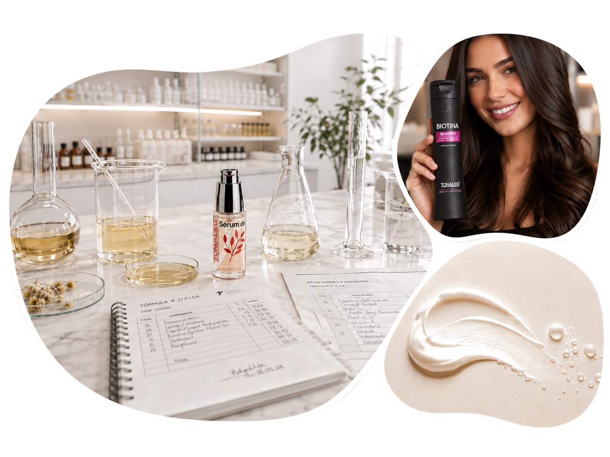 Laboratorio de Tonaleg, clienta con Shampoo Biotina y textura de crema
